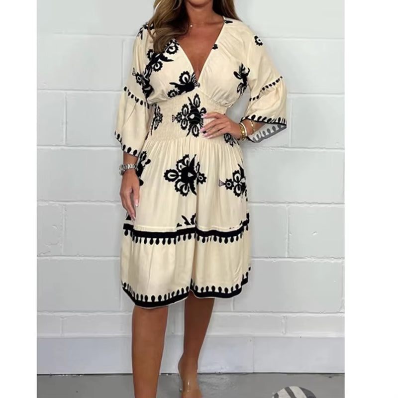 Women Elegant V Neck Printed Waist Tuck Three Quarter Dress