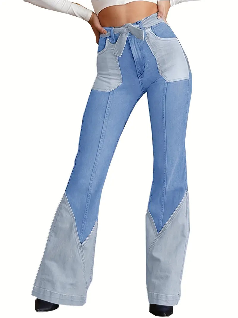 Women's High-Waist Color Block Flared Jeans with Pockets