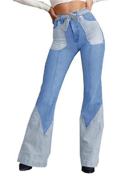 Women's High-Waist Color Block Flared Jeans with Pockets