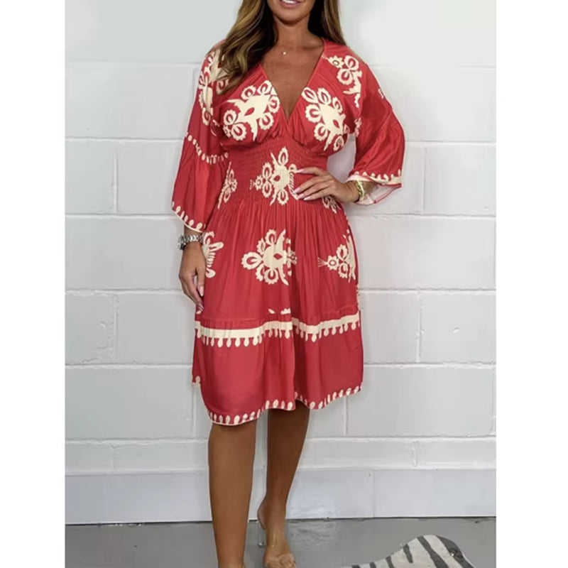 Women Elegant V Neck Printed Waist Tuck Three Quarter Dress