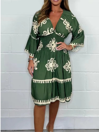 Women Elegant V Neck Printed Waist Tuck Three Quarter Dress