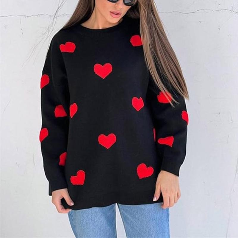 Women Printed Heart Pattern Crewneck Knitted Sweater