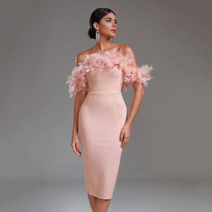 Off-Shoulder Feather Evening Dress for Women Party Wear
