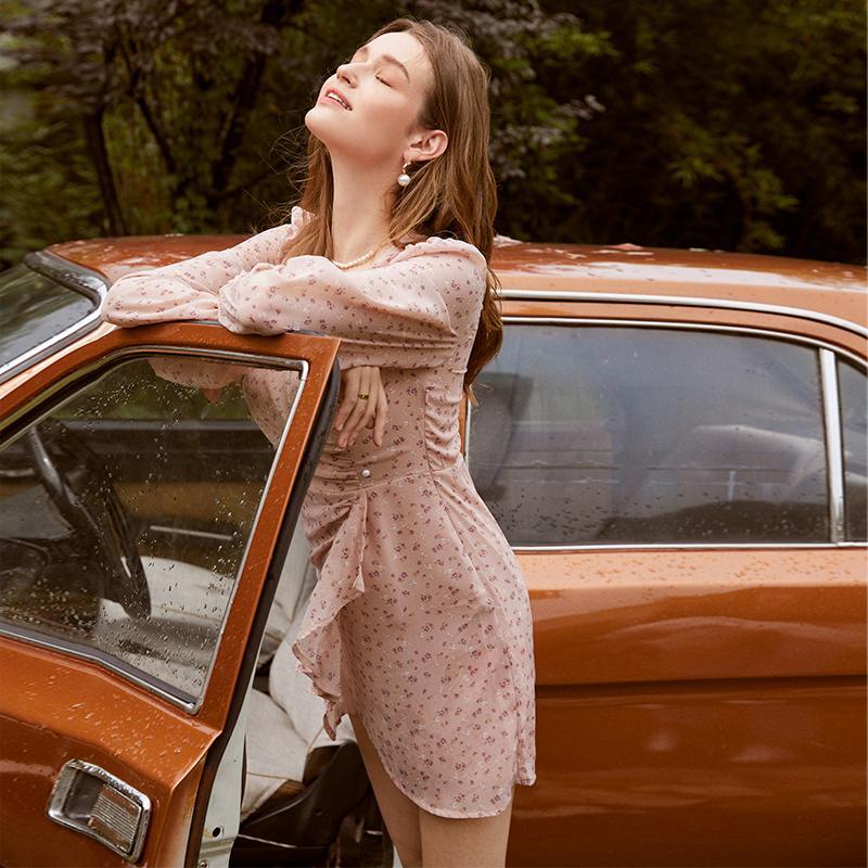 Pink Floral Ruched V-Neck Mini Dress with Pearl Buttons
