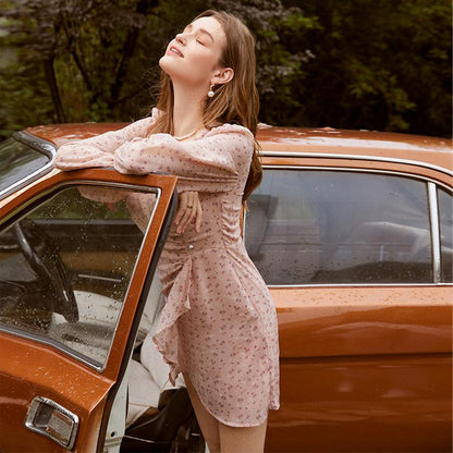 Pink Floral Ruched V-Neck Mini Dress with Pearl Buttons