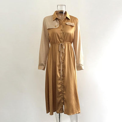 Khaki Long Sleeve Office Midi Dress Women Autumn Elegant