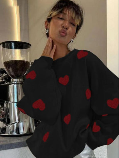 Women Printed Heart Pattern Crewneck Knitted Sweater