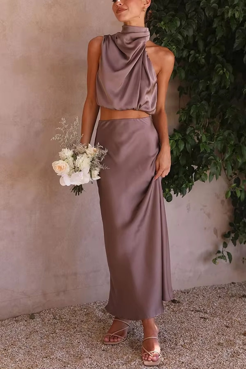 Women Two Piece Sleeveless Top Satin Long Skirt Matching Set