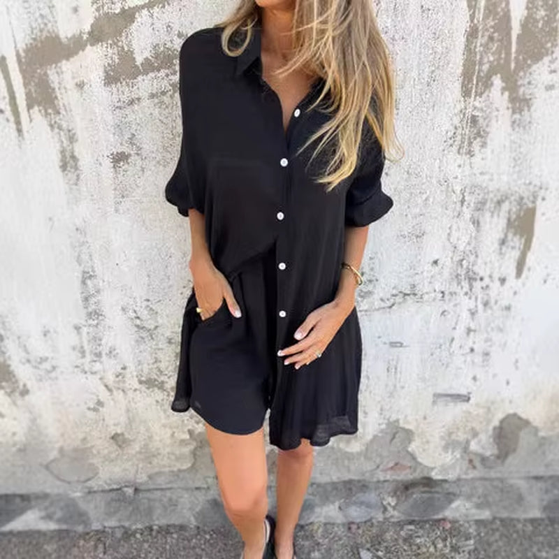 Women Cotton Linen Two Piece Short Sleeve Shirt Shorts Set