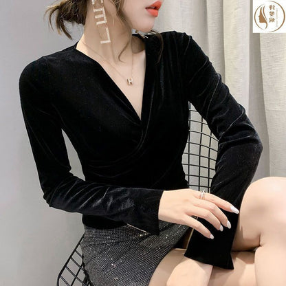 Velvet Long Sleeve Top for Women - Black Plush Shirt