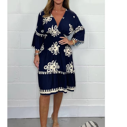 Women Elegant V Neck Printed Waist Tuck Three Quarter Dress