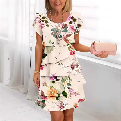 Women Geometric Floral Summer Print Short Sleeve Midi Dress