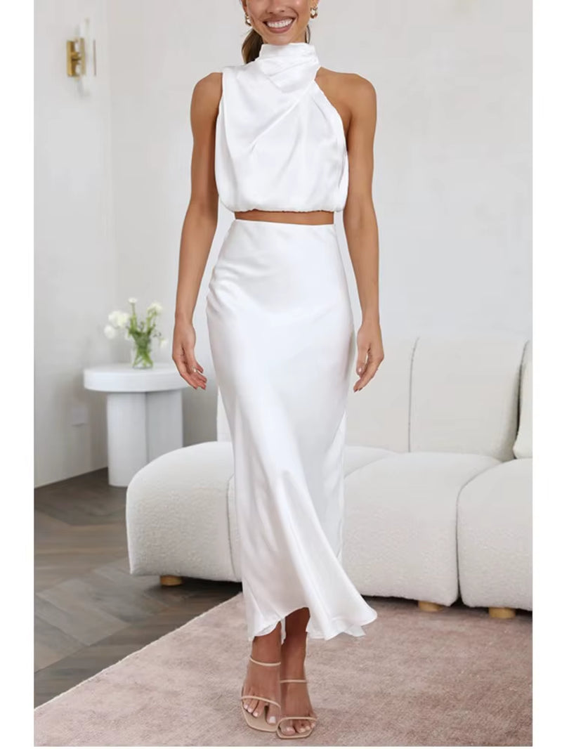 Women Two Piece Sleeveless Top Satin Long Skirt Matching Set