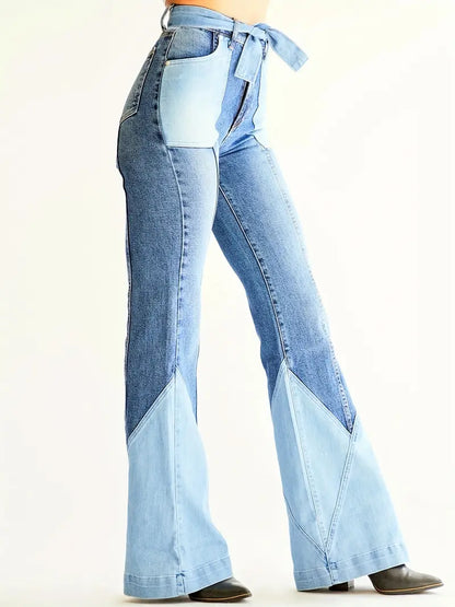 Women's High-Waist Color Block Flared Jeans with Pockets
