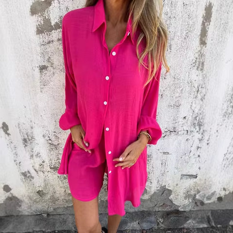Women Cotton Linen Two Piece Short Sleeve Shirt Shorts Set