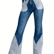 Women's High-Waist Color Block Flared Jeans with Pockets
