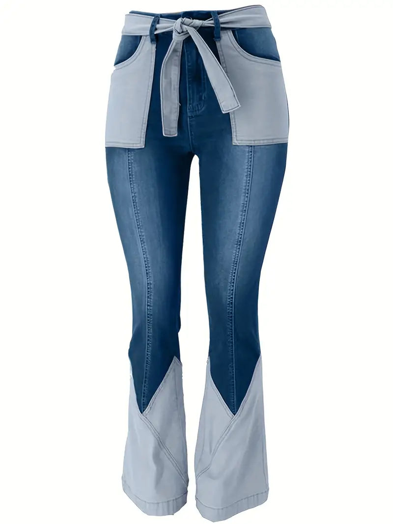 Women's High-Waist Color Block Flared Jeans with Pockets