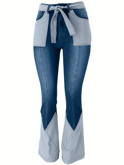 Women's High-Waist Color Block Flared Jeans with Pockets
