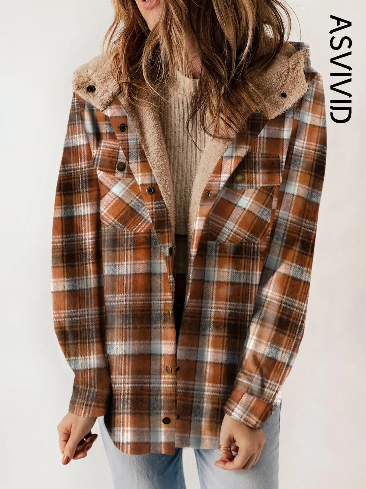 Women Plaid Hooded Casual Outerwear Long Sleeve Jacket Coat