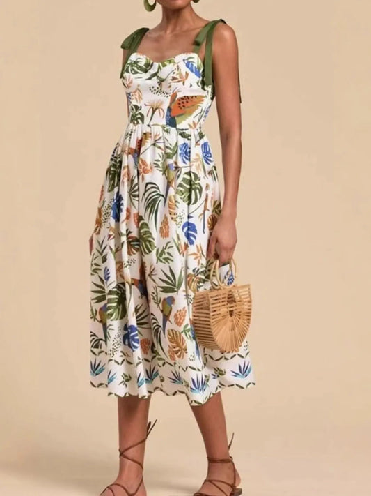 Women's Tropical Print Sweetheart Tie Strap Midi Dress