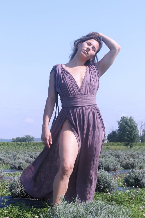 Organic Cotton Side Slit Maxi Dress Women Boho Elegant Wear