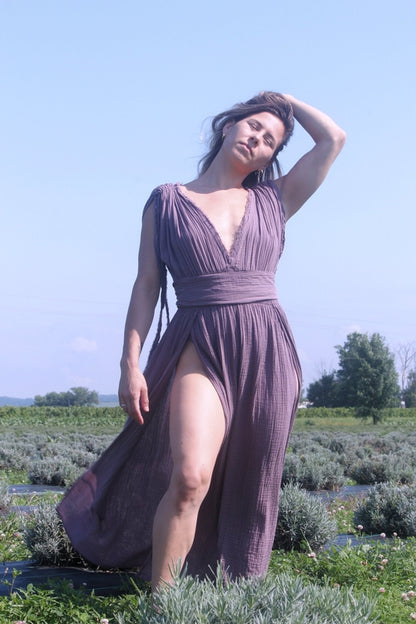 Organic Cotton Side Slit Maxi Dress Women Boho Elegant Wear