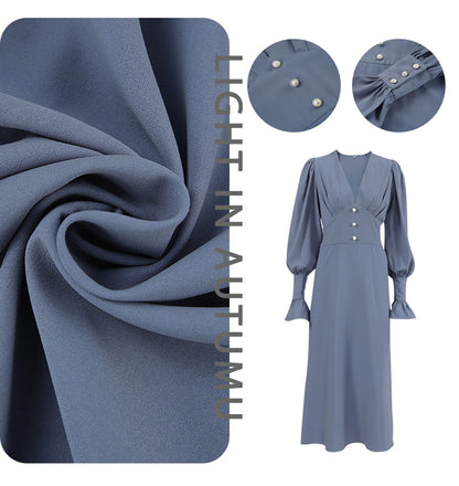 French Lantern Sleeve V-Neck Dress - Elegant Retro Style