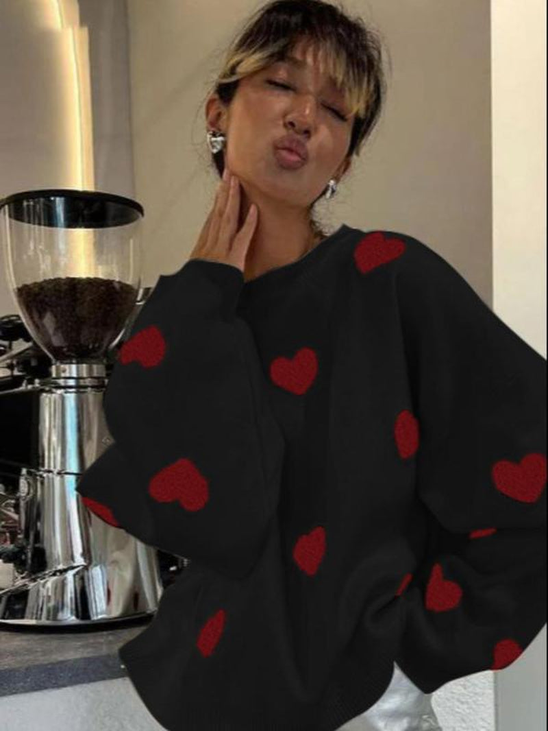 Women Printed Heart Pattern Crewneck Knitted Sweater