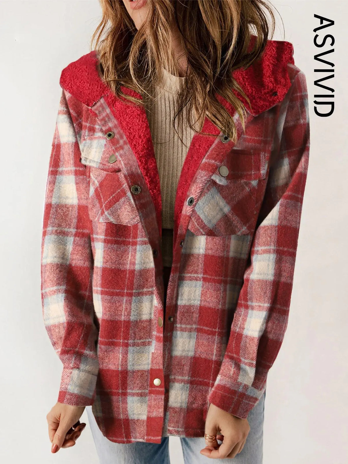 Women Plaid Hooded Casual Outerwear Long Sleeve Jacket Coat