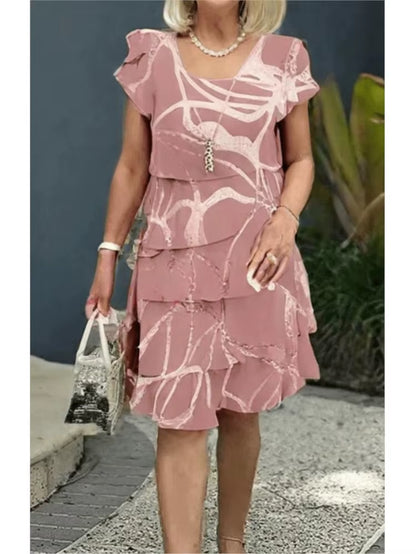 Women Geometric Floral Summer Print Short Sleeve Midi Dress