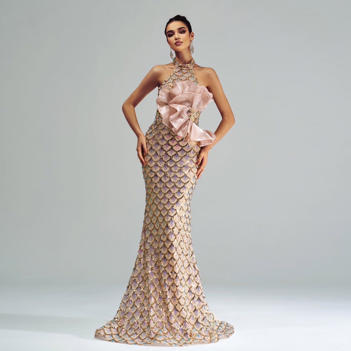 Champagne Halter Mermaid Sequin Evening Gown for Women