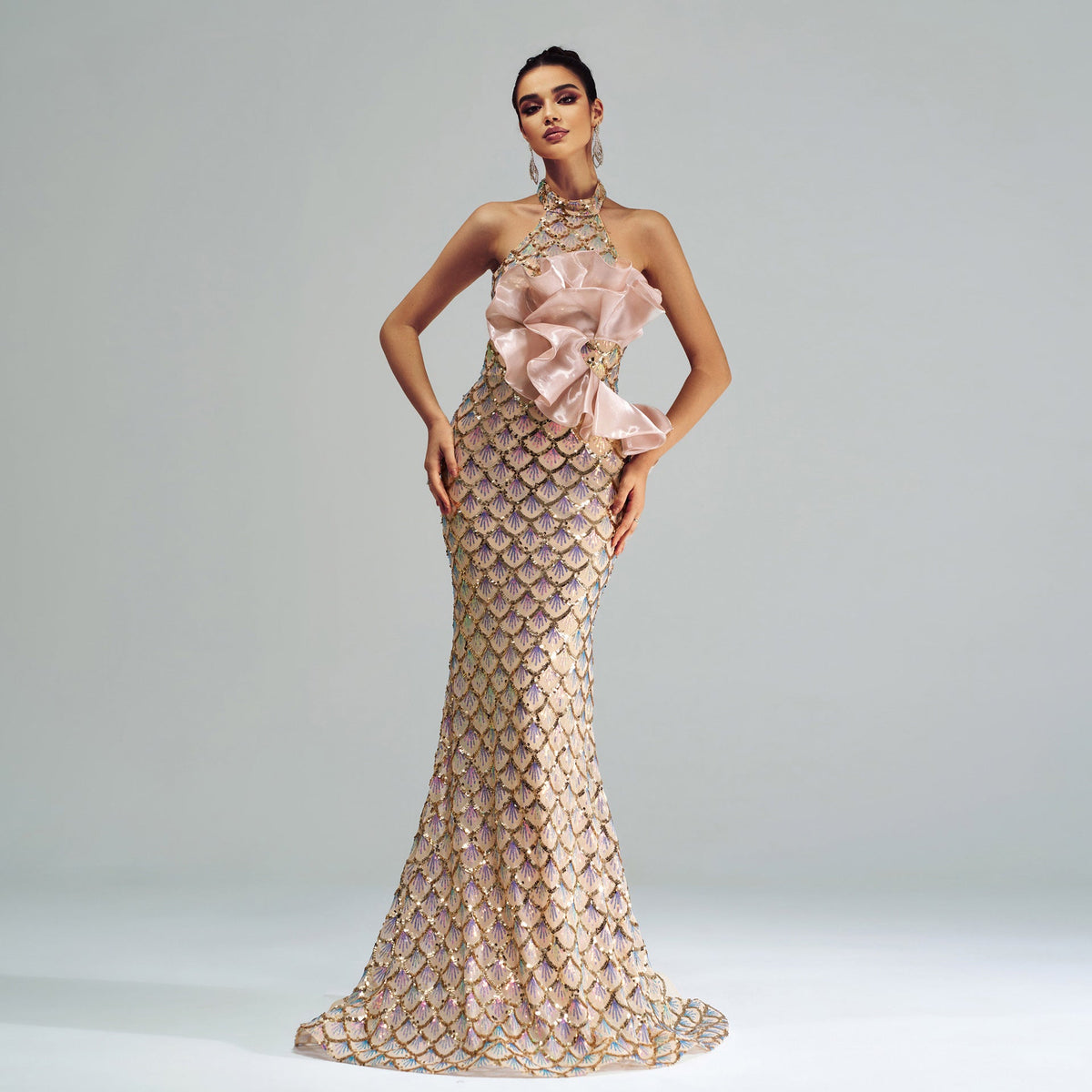Champagne Halter Mermaid Sequin Evening Gown for Women