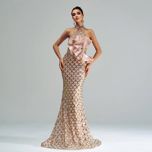 Champagne Halter Mermaid Sequin Evening Gown for Women