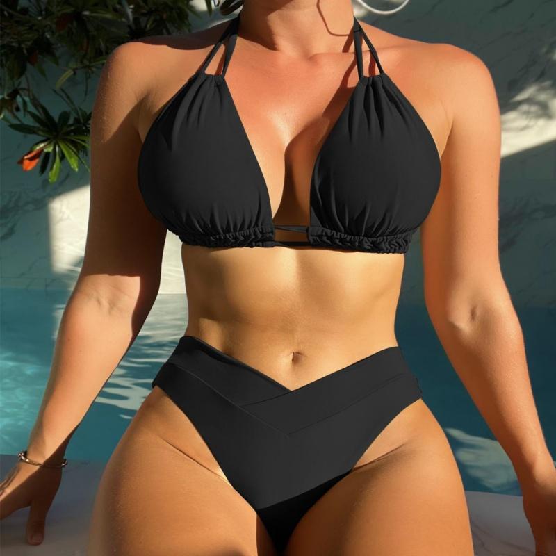 Women Halter Neck Two Piece Swimsuit Black Padded Set