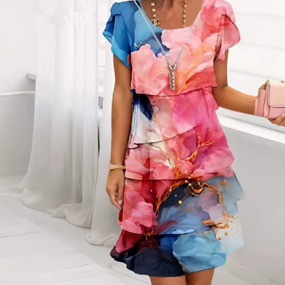 Women Geometric Floral Summer Print Short Sleeve Midi Dress