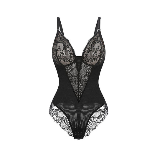 Women Lace Cutout Sheer Long Sleeve Jumpsuit Romper Black