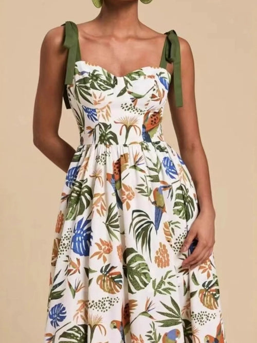 Women's Tropical Print Sweetheart Tie Strap Midi Dress