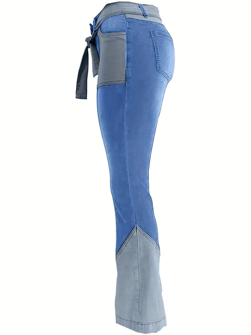 Women's High-Waist Color Block Flared Jeans with Pockets