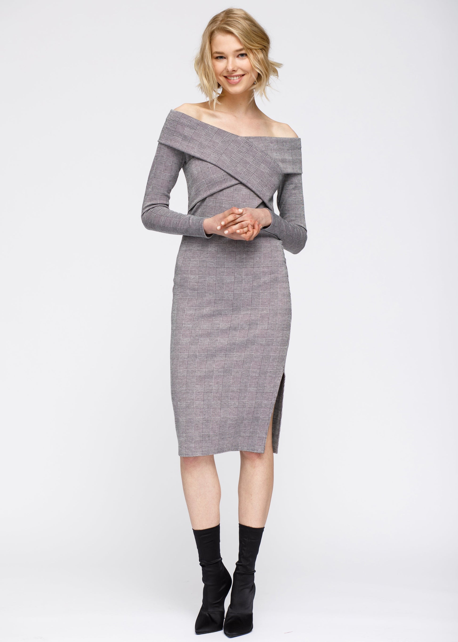 Women's Glen Plaid Off Shoulder Crisscross Dress Grey Black
