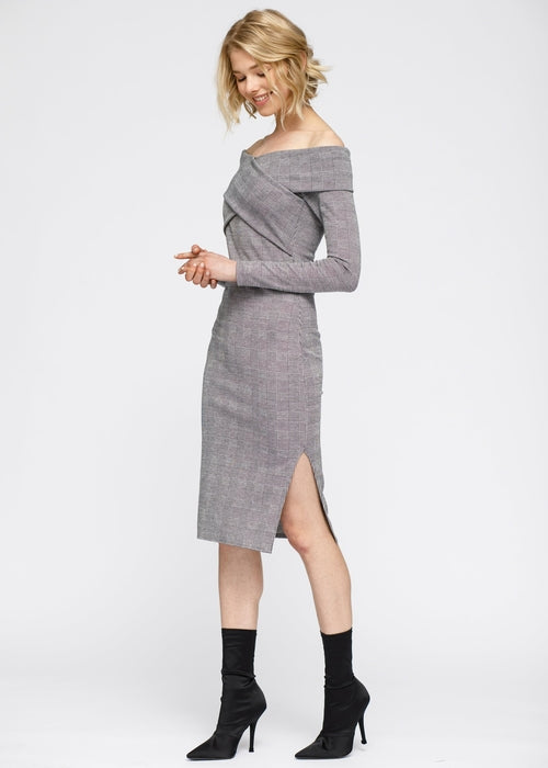 Women's Glen Plaid Off Shoulder Crisscross Dress Grey Black