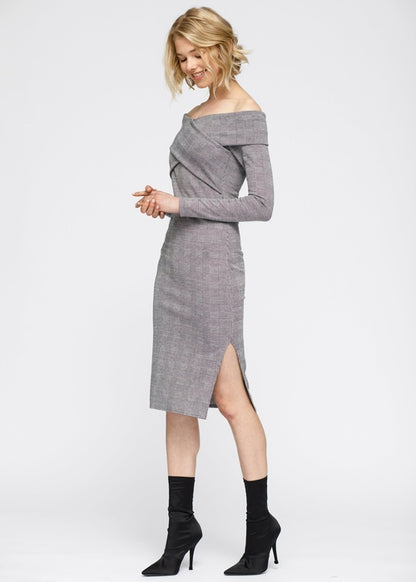 Women's Glen Plaid Off Shoulder Crisscross Dress Grey Black