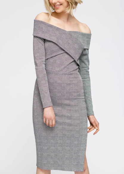 Women's Glen Plaid Off Shoulder Crisscross Dress Grey Black
