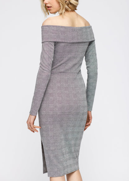 Women's Glen Plaid Off Shoulder Crisscross Dress Grey Black