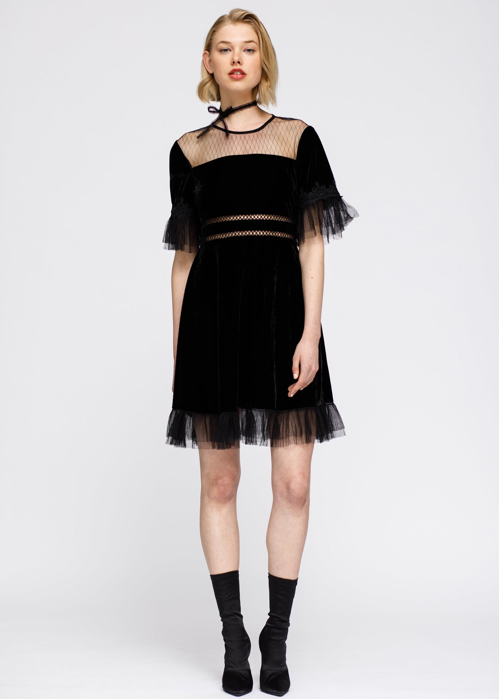 Women's Black Mesh Contrast Velvet Midi Dress Elegant Style