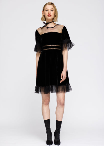 Women's Black Mesh Contrast Velvet Midi Dress Elegant Style