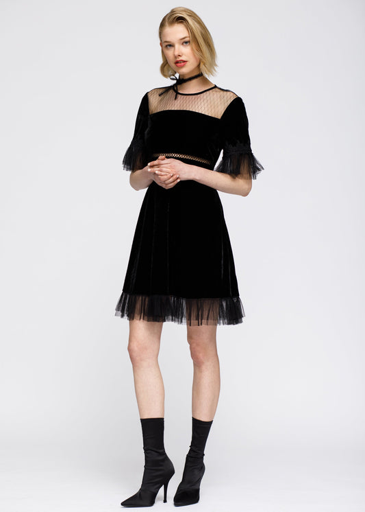 Women's Black Mesh Contrast Velvet Midi Dress Elegant Style