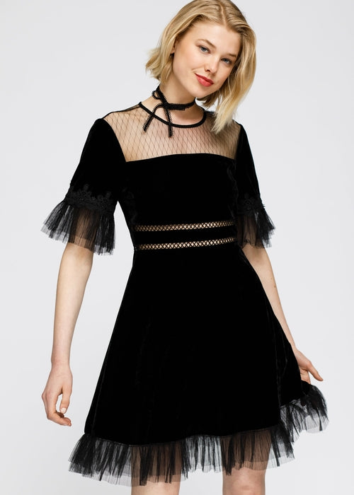 Women's Black Mesh Contrast Velvet Midi Dress Elegant Style