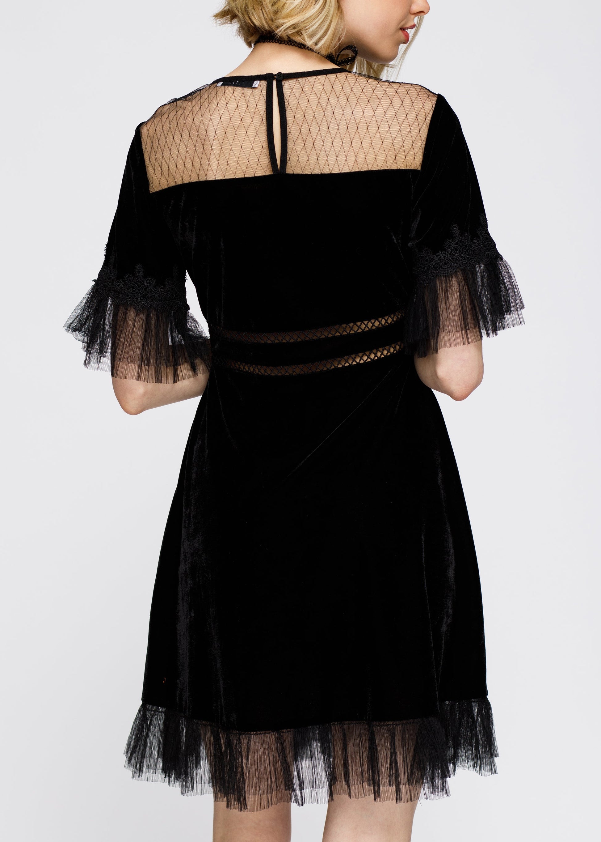 Women's Black Mesh Contrast Velvet Midi Dress Elegant Style
