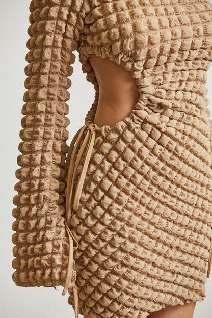 Bell Charm Waffle Cutout Dress for Women with Bell Sleeves