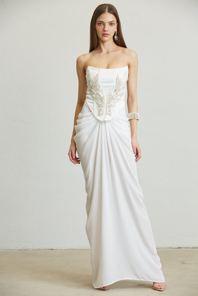 Women Strapless Satin Corset Bustier Chiffon Maxi Dress